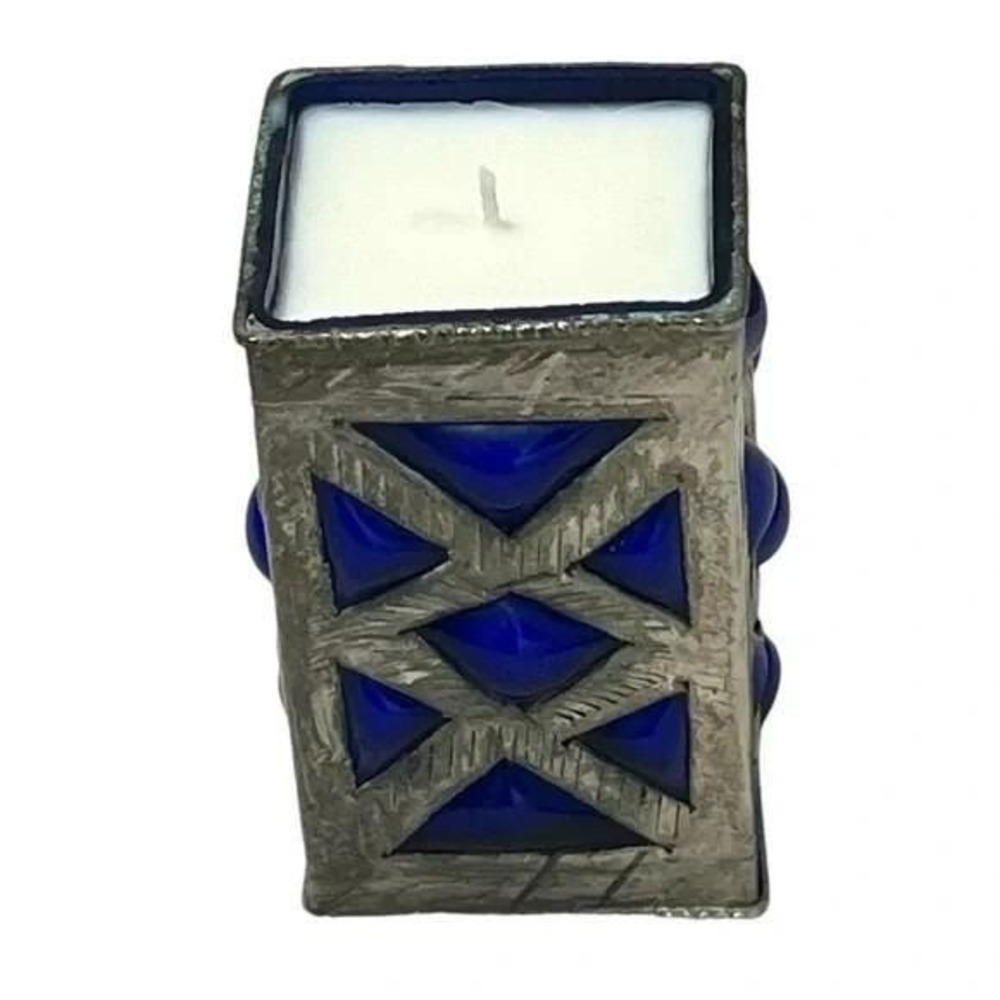 Leather Scented 9.5 oz Hand Poured Candle Cobalt Blue Indian Blown Glass A72